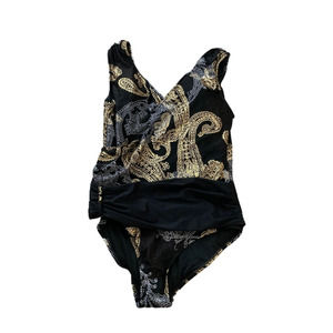 Siloett NEW 18W Black Gold One Piece Metallic Paisley Swimsuit V Neck